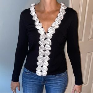 Black V-Neck Sweater with White Flowers
